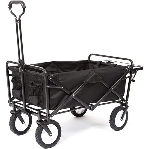 MacSports Collapsible Outdoor Utility Wagon with Folding Table and Drink Holders, Black