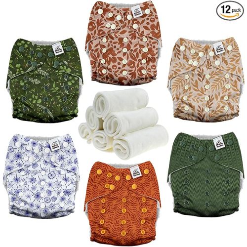 Mama Koala 3.0 Pocket Cloth Diapers for Babies with AWJ Lining, 6 Pack with 6 4-Layer Natural Cloth Diaper Inserts - Reusable and Washable Pocket Diapers(Neutral Leave)