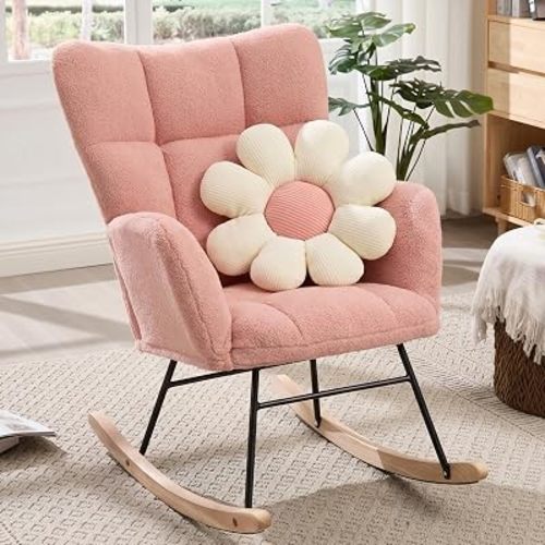Rocking Chair Nursery, Teddy Upholstered Rocker Glider Chair with High Back, Rocker Recliner with Armrest, Gliding Chair with Thick Cushion, Accent Reading Chair for Bedroom (Pink)