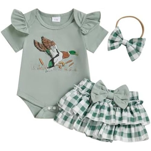 Hunting Baby Girl Clothes Mallard Duck Embroidery Short Sleeve Romper Ruffle Tutu Shorts Set Newborn Summer Outfit