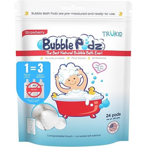 TruKid Bubble Podz Bubble Bath for Baby & Kids, Gentle Refreshing Bath Bomb for Sensitive Skin, pH Balance 7 for Eye Sensitivity, Natural Moisturizers and Ingredients, Strawberry (24 Podz)