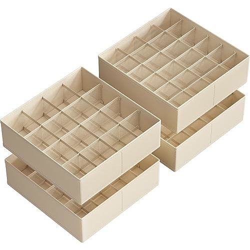 SONGMICS Set of 4 Drawer Organizers, Closet Organizer for Underwear, Closet Storage, 80 Cells, Foldable Sock Dividers, 11.8 x 11.8 x 3.9 Inches, for Socks, Ties, Belts, Surmmer Sand URUS011K01