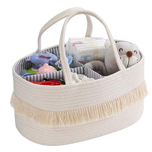 MBJERRY Baby Rope Diaper Caddy Organizer - Nursery Storage Bin Canvas Portable Diaper Storage Basket with Removable Inserts for Changing Table &Car, Newborn Baby Shower Basket