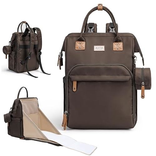 AIITA Diaper Bag Backpack, Multifunction Diaper Bag with Changing Station, Stylish Baby Bags, Large Unisex Diaper Backpack for Mom and Dad, Baby Registry Search, Portable Changing Pad – Black Brown