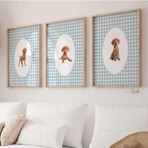 Vizsla Puppy Nursery Prints: Blue Gingham Dog Wall Art Set