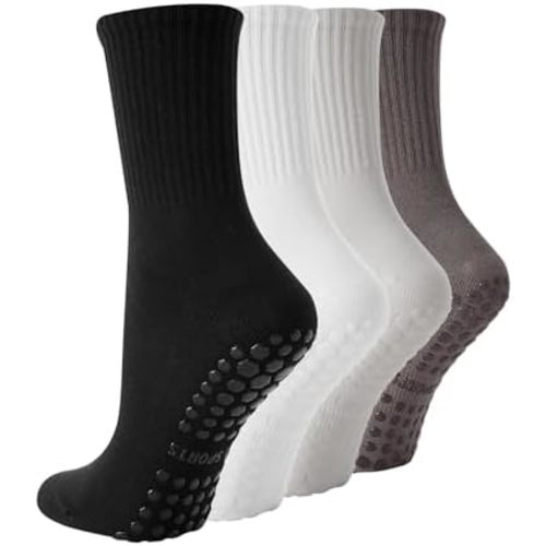 4 Pairs Pilates Socks with Grips for Women, Non Slip Yoga Socks, Athletic Crew Socks Ballet Barre Dance Workout Socks