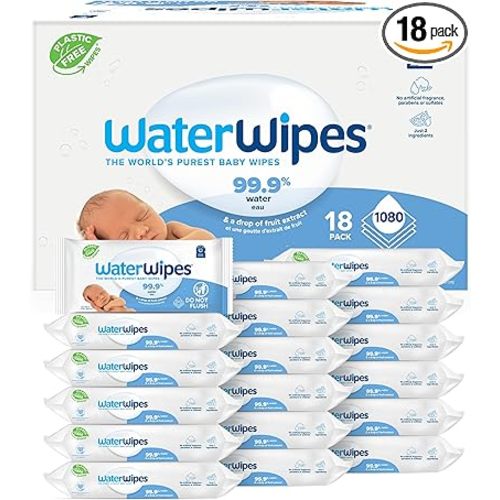 WaterWipes Plastic-Free Original Baby Wipes, 99.9% Water Based Wipes, Unscented & Hypoallergenic for Sensitive Skin, 1080 Count (18 packs)