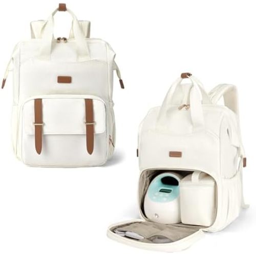 mommore Diaper Bag Backpack, Breast Pump Backpack for Spectra S1,S2 Medela Pumping Backpack for Working Moms with 15.6 inch Laptop Sleeve, Off White