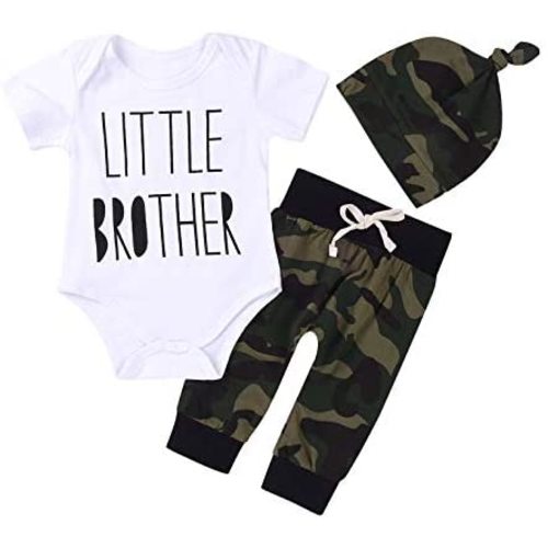 3Pcs Baby Boys Little Brother Camouflage Romper Tops+Pants Leggings+ Hat Outfits Set