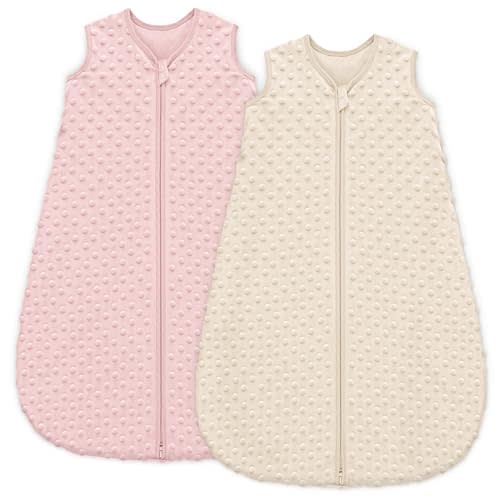 Unnivoll Fleece Baby Sleep Sack 0-6 Months with Plush Dots 1.5 Tog Baby Wearable Blanket with 2-Way Zipper Warm Sleeping Sack for Toddler Infant Newborn - Small, Apricot & Pink