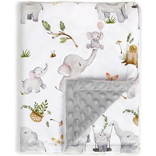 Baby Blankets for Unisex Boys Girls, Super Soft Nursery Minky Blankets with Baby Elephant Design and Dotted Fleece Backing, Printed Bed Throws Newborn