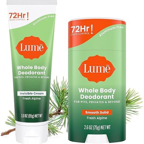 Lume Whole Body Deodorant - Invisible Cream Tube and Solid Stick - 72 Hour Odor Control - Aluminum Free, Baking Soda Free, Skin Loving - 3.0 Ounce Tube and 2.6 Ounce Solid Stick Bundle (Fresh Alpine)