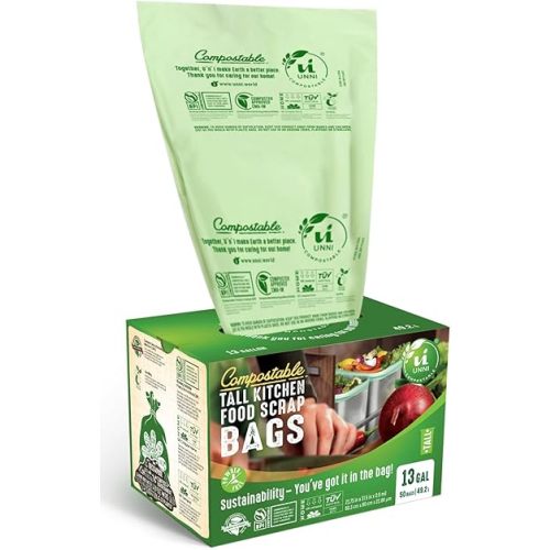 UNNI Compostable Liner Bags, 13 Gallon, 49.2 Liter, 50 Count, Heavy Duty 0.9 Mil, Tall Kitchen Food Scrap Waste Bags, ASTM D6400, US BPI, CMA and Europe OK compost HOME Certified, San Francisco