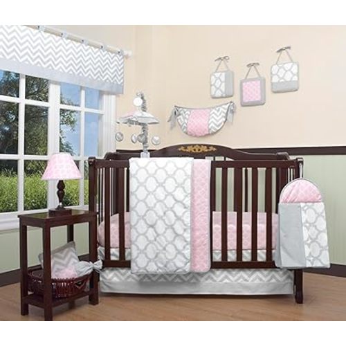 Boutique 12-Piece Baby Crib Bedding Set - Salmon Pink/Gray Chevron Nursery Set - Crib Quilt, Skirt, Fitted Sheet, Diaper Bag and More | Baby Boy, Girl Room Nursery Decor and Bedding Ensemble