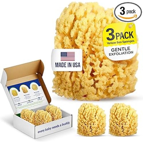 Baby Buddy Baby Bath 4in Yellow Sea Sponge, Absorbent Natural Sea Sponge, Soft on Tender Skin, Biodegradable, Hypoallergenic, Bath Accessories for Bathing, 3 Pack