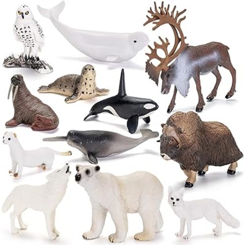 12PCS 4-7" Large Arctic Polar Animals Figurines Toys, Realistic Plastic Artic Animal Figures Includes Polar Bear,Whales,Orca, Cake Toppers Birthday Gift Party Favors Toys for Toddlers Kids