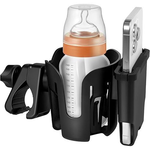 Stroller Cup Holder with Phone Holder, Upgraded 360° Rotatable Dual-Fixing Clamp, 2-in-1 Cup and Phone Holder for Uppababy, Nuna, Doona, Jogger, Stroller, Bike, Wheelchair, Walker, Scooter