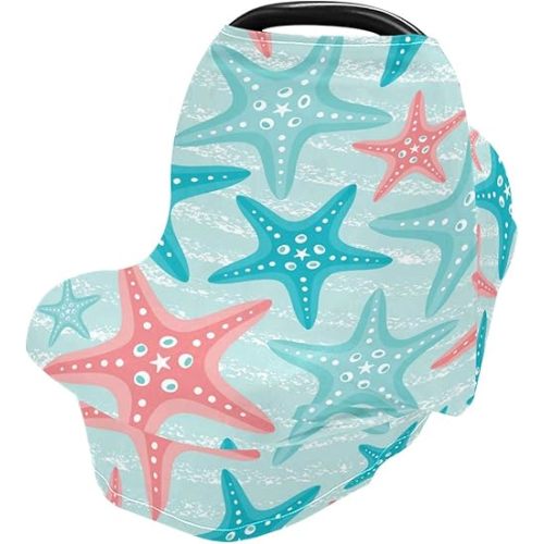 Nautical Ocean Starfish Baby Car Seat Covers, Nursing Cover Breastfeeding Scarf Soft Breathable Stretchy Coverage, Infant Stroller Cover for Boys Girls