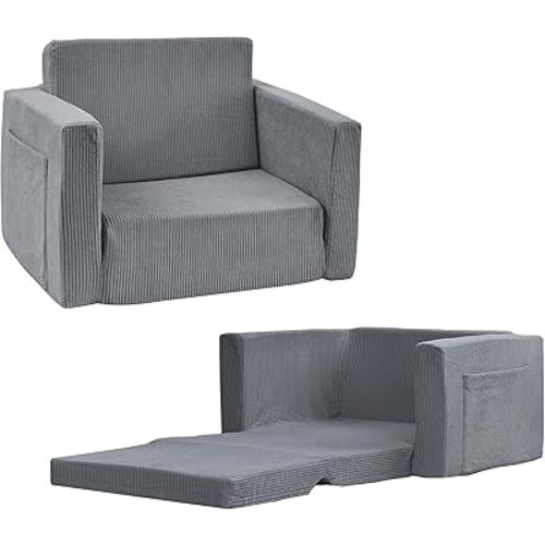 Kids Folding Sofa Chair Couch Foam Filled Lounge Toddler Chair Couch Cuddly Corduroy Comfy Bean Bag Chair Couch for Boys and Girls Dark Grey 1-3T