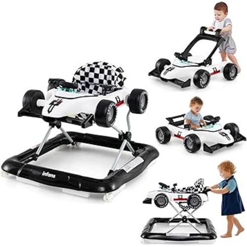 INFANS 4 in 1 Baby Walker, Foldable Toddler Activity Center with Adjustable Height, Padded Seat, Music, Light, Removable Tray, Push Walker for Girls Boys Aged 6-18 Months (Ivory)