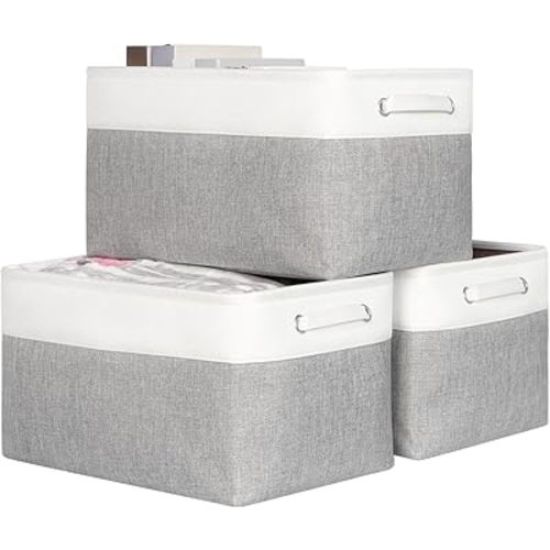 Kntiwiwo Large Fabric Foldable Storage Bin 17" x 11.8" x 9.8" Storage Baskets with Handle Large Cube Storage boxes for Closet, Shelves, Home, Set of 3, Grey