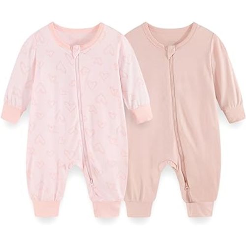 Unisex Rayon Made from Bamboo Zipper Baby Boy Girl Rompers 2 Pcak Long Sleeve Infants Jumpsuits New Born Clothes - 3-6months - Pink