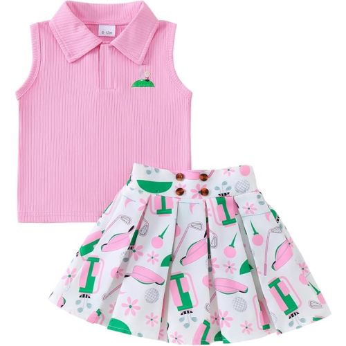 Toddler Baby Girl Golf Outfit Golf Print Polo Shirt Sleeveless Tank Top Mini Skirt Set Cute Girls Summer Clothes