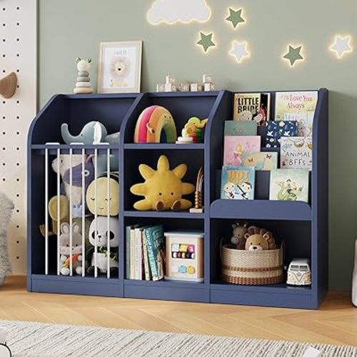 ONBRILL Toy Storage Organizer with Bookshelf & Stuffed Animal Storage, Kids Montessori Low Cabinet with 4 Open Cubbies for Kids Room Playroom Nursery Bedroom Living Room (Navy Blue)