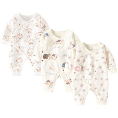 Newborn Baby Romper - Unisex Cotton Bodysuit for Infant Baby Boys Girls 3 Pack Long Sleeve Button Solid Jumpsuits