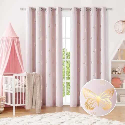 Jubilantex Blush Pink and Gold Butterfly Blackout Curtains 95" Length for Baby Girls Nursery Bedroom 80% Blackout Grommet Window Treatment,1 Pair