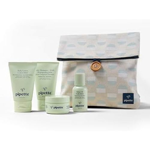 Pipette Baby Travel Kit - Trial Size Toiletries, Baby Gift Set, Hypoallergenic, Free of Synthetic Fragrances, Cruelty-Free, 4 Products + Travel Pouch