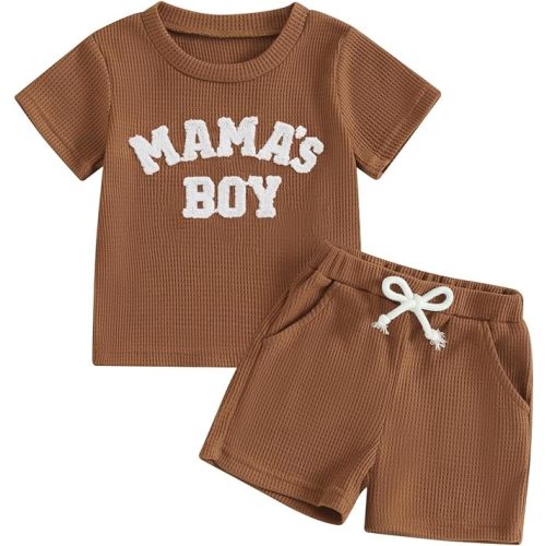 Kupretty Toddler Baby Boy Summer Clothes Embroiderey Waffle Knit Short Sleeve T-Shirt Tees + Casual Shorts Cute Clothing Set