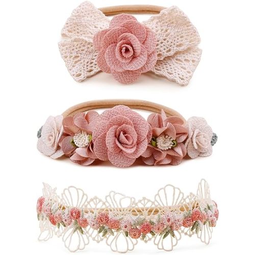 Baby Girl Floral Headband Nylon Flower Crown Elastic Hairband 3pcs Hair Accessories Gift for Girls (9561)