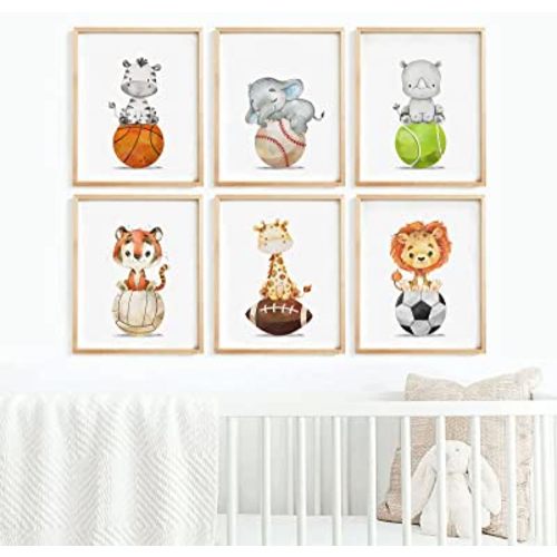 Baby Boy Wall Art Set of 6 Nursery Sports Prints Decor Nursery Animal Wall Art Boys Nursery Canvas Wall Art Jungle Safari Wall Art Boy Room Bedroom Art Woodland Animal Pictures 8x10 Inch UNFRAMED