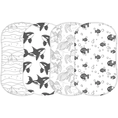 TansyPanda Bassinet Sheets for Halo Bassinest Swivel, Flex, Glide, Premiere and Luxe Series Sleeper, Pack of 4, 33 X 17 Inch, Ultra Soft, Snug Fit, Unisex Boys Girls, Gray White (Ocean Fish Theme)