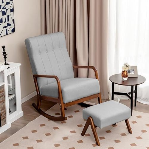 Giantex Rocking Chair with Ottoman, Upholstered Rocker Chair with Solid Rubber Wood Frame, Linen Nursery Chair with Padded Cushion, Tufted Glider Chair with Footrest for Living Room, Bedroom (Grey) - 1