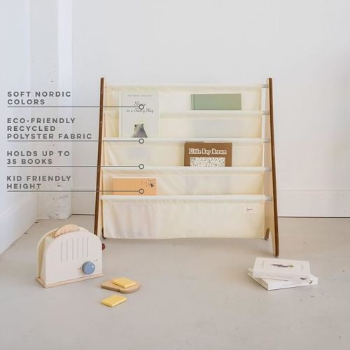 3 Sprouts Recycled Fabric Kids Bookshelf – 4-Tier Sling Book Rack Organizer - Nursery Room Playroom Classroom Wooden Book Shelves - Kid Bookcase Wood Storage Shelf for Toddler Age 3+ Cream