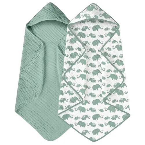 Yoofoss Hooded Baby Towels for Newborn 2 Pack 100% Muslin Organic Cotton Baby Bath Towel with Hood for Babies, Infant, Toddler and Kids, Large 32x32Inch, Soft and Absorbent Newborn Essential