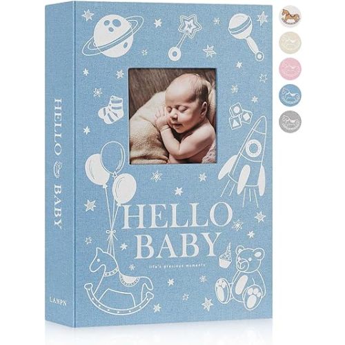 Lanpn Baby Photo Album 4x6 300 Pockets, Linen Newborn Bebe Ultrasound Photo Album with Memo Writing Area, Cover Photo Book, Picture Album for kids, Baby Boy Memory Book Keepsake Blue