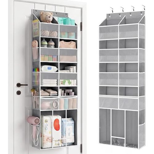 Yecaye Over the Door Organizer 5-Shelf, Behind the Door Storage 80lbs Capacity with Extra Large Pocket, Back of Door Organizer and Storage for Baby Nursery Bedroom Dorm Bathroom RV, Grey