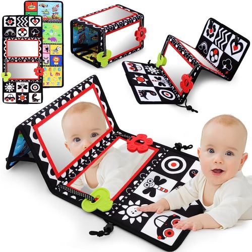 Tummy Time Floor Mirror with Teethers, Double-Sided Baby Mirror Black and White High Contrast Baby Toys for Babies, Baby Montessori Toys Crawling Developmental Newborn Infant Sensory Toys (A-Mirror)