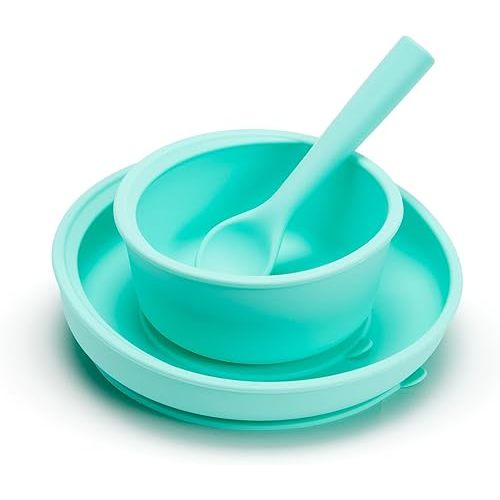 Munchkin® C’est Silicone!™ Feeding Set with Suction Bowl, Suction Plate and Spoon, Designed For Baby Led Weaning and Infant and Toddler Self Feeding, Silicone, Mint