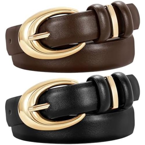 2 Pack Women Leather Belt for Jeans Pants Fashion Ladies Skinny Faux Leather Belt with Gold Buckle