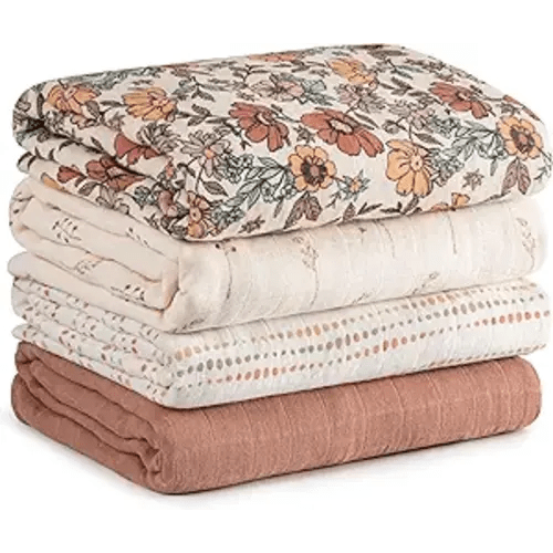 Muslin Swaddle Blankets for Newborn, 4 Pack Cotton Baby Blanket, Large 31.5 x 43.3 inch Breathable Soft Receiving Blanket, Essentials Swaddle Wrap Burping Clothes, Vintage Flowers