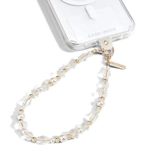 Case-Mate Beaded Phone Charm - Detachable Anti Theft Strap - Hands-Free iPhone Wrist Strap for Women - Phone Chain Wristlet - Fits Galaxy, Pixel and More - Crystal Pearl Gold