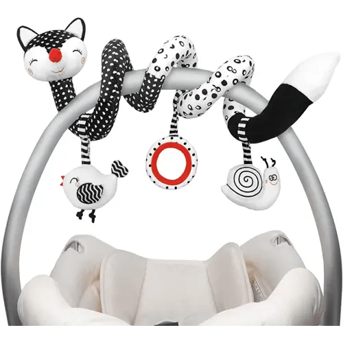 Euyecety Baby Spiral Plush Toys, Black White Stroller Toy Stretch & Spiral Activity Toy Car Seat Toys, Hanging Rattle Toys for Crib Mobile, Newborn Sensory Toy Best Gift for 0 3 6 9 12 Months Baby-Fox
