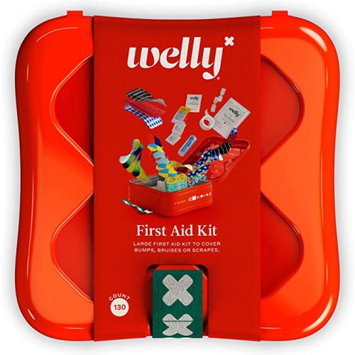 Welly First Aid Kit - Bravery Badges in Flexible Fabric and Waterproof, Tape and Non-Stick Pads, Butterfly Strips, Singe Use Ointments Triple Antibiotic and Hydrocortisone, and Ibuprofen - 130 Count