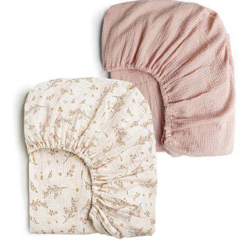 Konssy Muslin Crib Sheets for Girl Boy, 2 PCS Soft and Breathable Cotton Baby Sheets for Standard Crib Mattress, 52"x 28" (Floral, Pink)