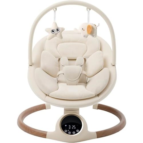Baby Swing for Infants with 5 Point Harness, 5 Speeds Infant Swing with Soft Cushion, 10 Songs and Bluetooth Music for Newborn, Remote Control & Touch Panel Use, Beige