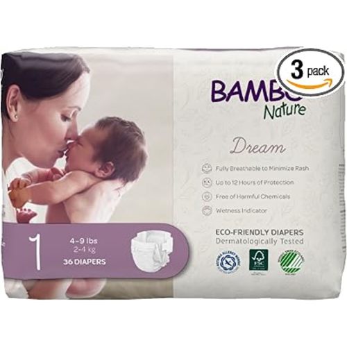 Bambo Nature Hypoallergenic Dream Baby Diapers, Premium Eco-Labeled Sustainable Diapers, Enhanced Leakage Protection, Totally Chlorine-free, Skin Friendly, and Super Absorbent - Size 1 (108 Count)